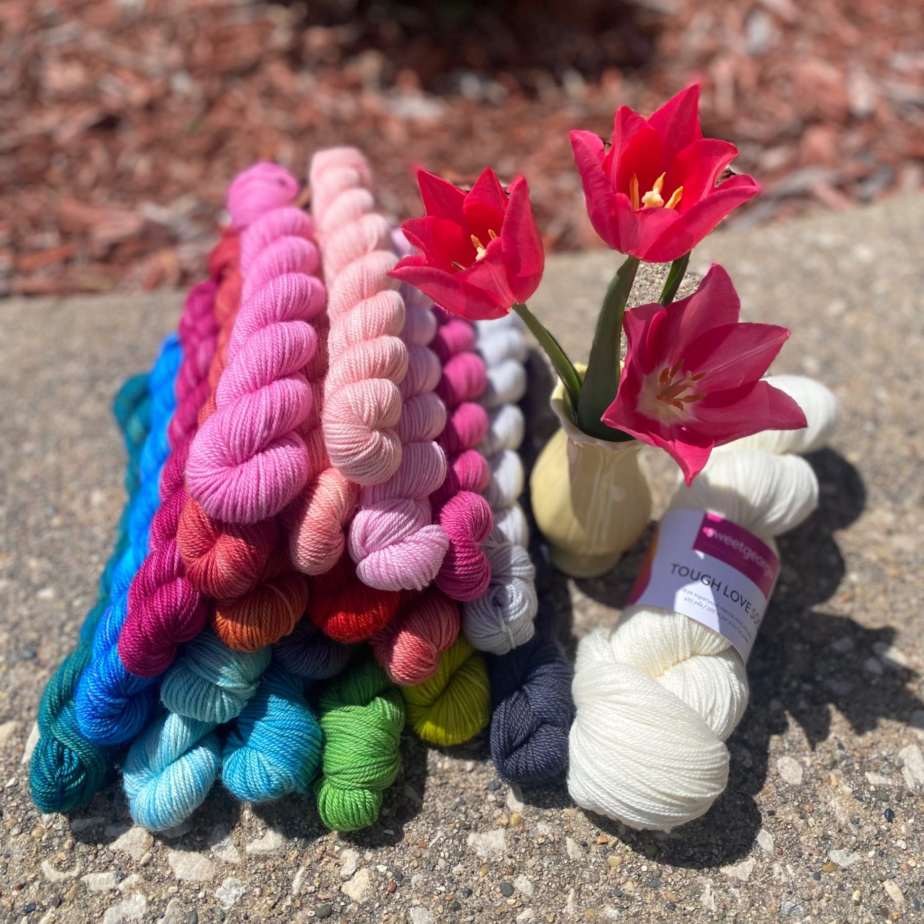 A rainbow of mini skeins and fresh tulips outside